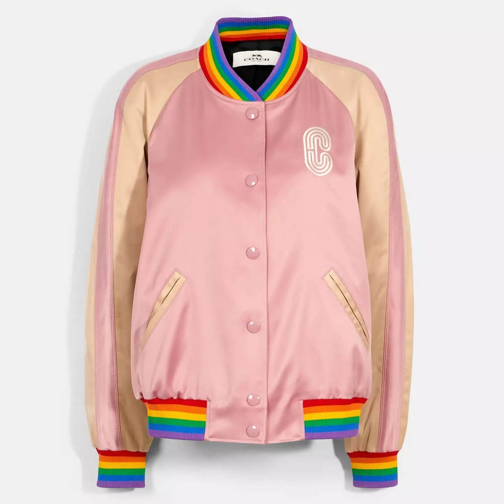 Coach Pink Satin Bomber Jacket with Rainbow Trim